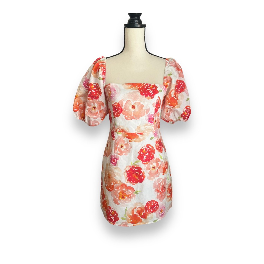 Charlie Holiday Floral Puff Sleeve‎ Mini Dress Orange Pink Linen Blend Size 6